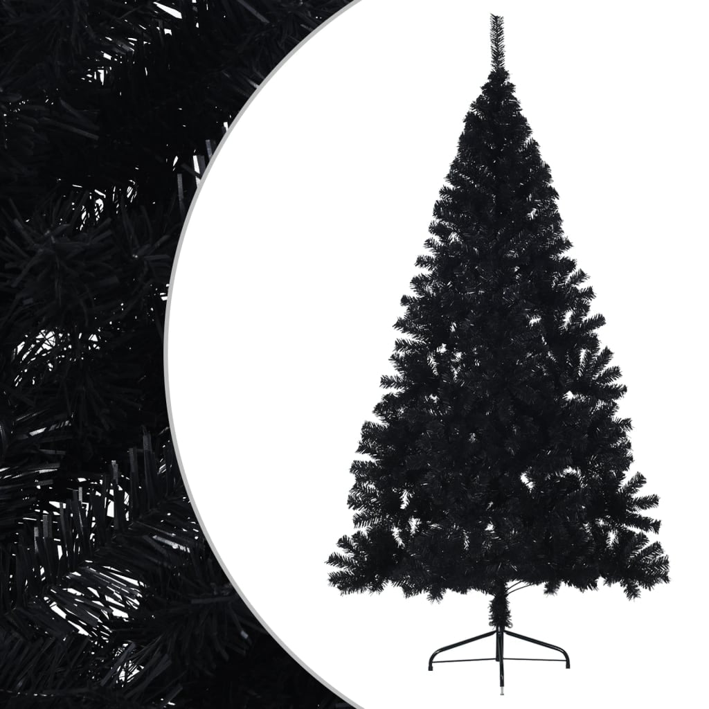 An 8-foot black artificial half Christmas tree with PVC stand on a white background.