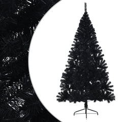 An 8-foot black artificial half Christmas tree with PVC stand on a white background.