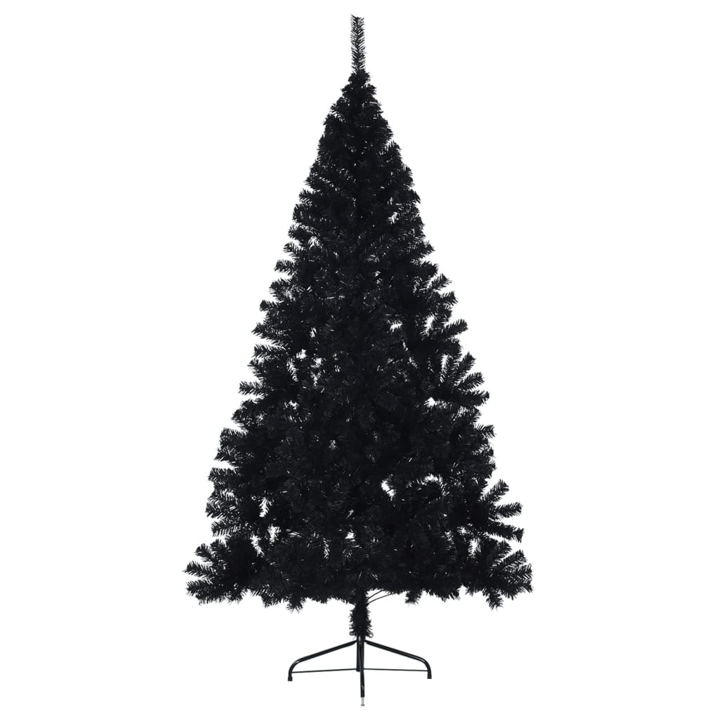 An 8 ft black artificial half Christmas tree with a PVC stand.