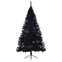 An 8 ft black artificial half Christmas tree with a PVC stand.