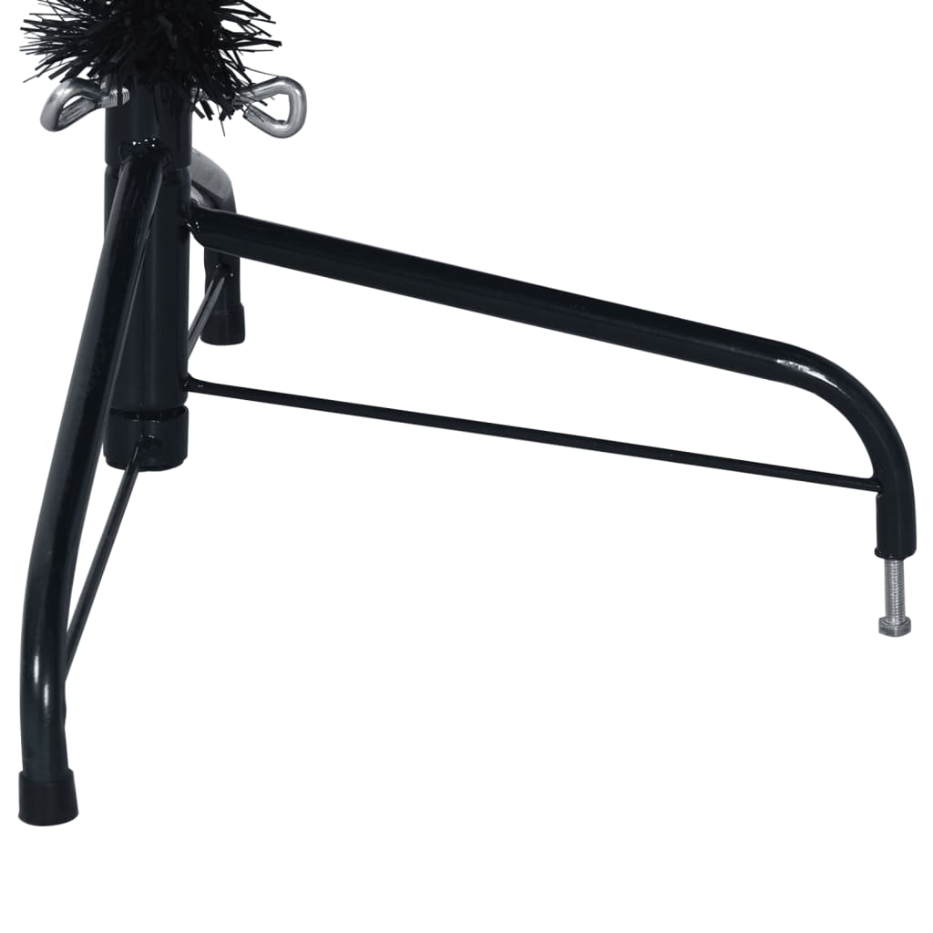 Black 8 ft artificial half Christmas tree on PVC stand, viewed from base.