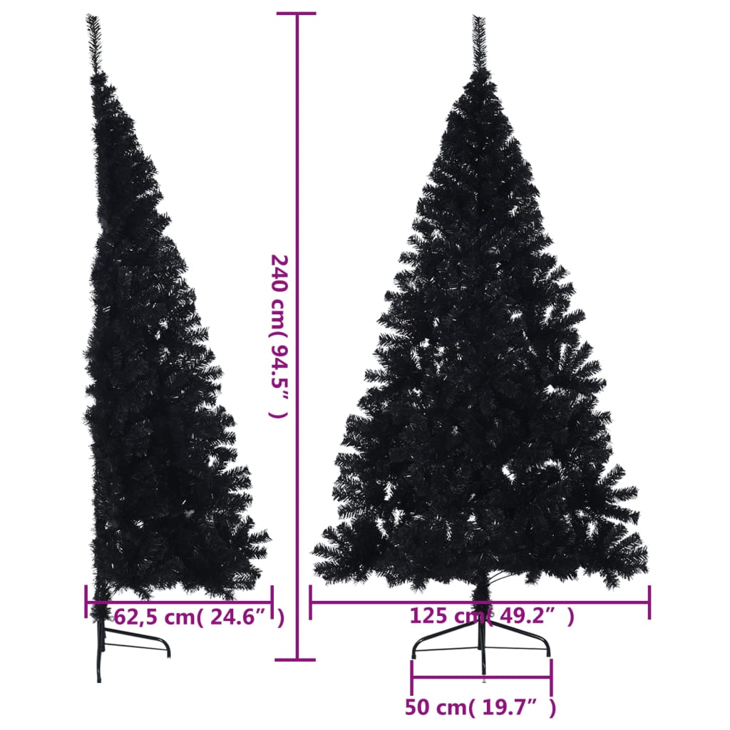 8 ft black artificial half Christmas tree with PVC stand, shown in side and front views with dimensions.