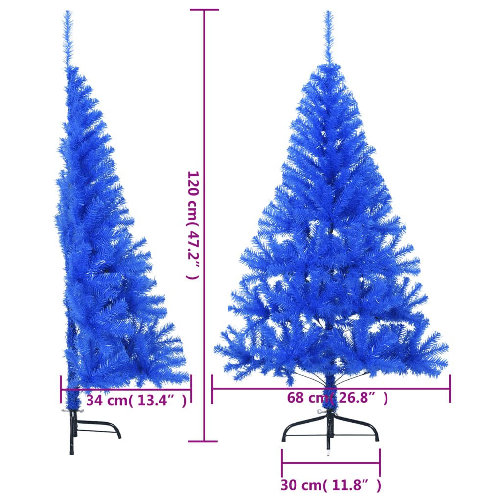 4 ft blue artificial half Christmas tree with steel stand, showing dimensions of 34 cm width and 68 cm height.