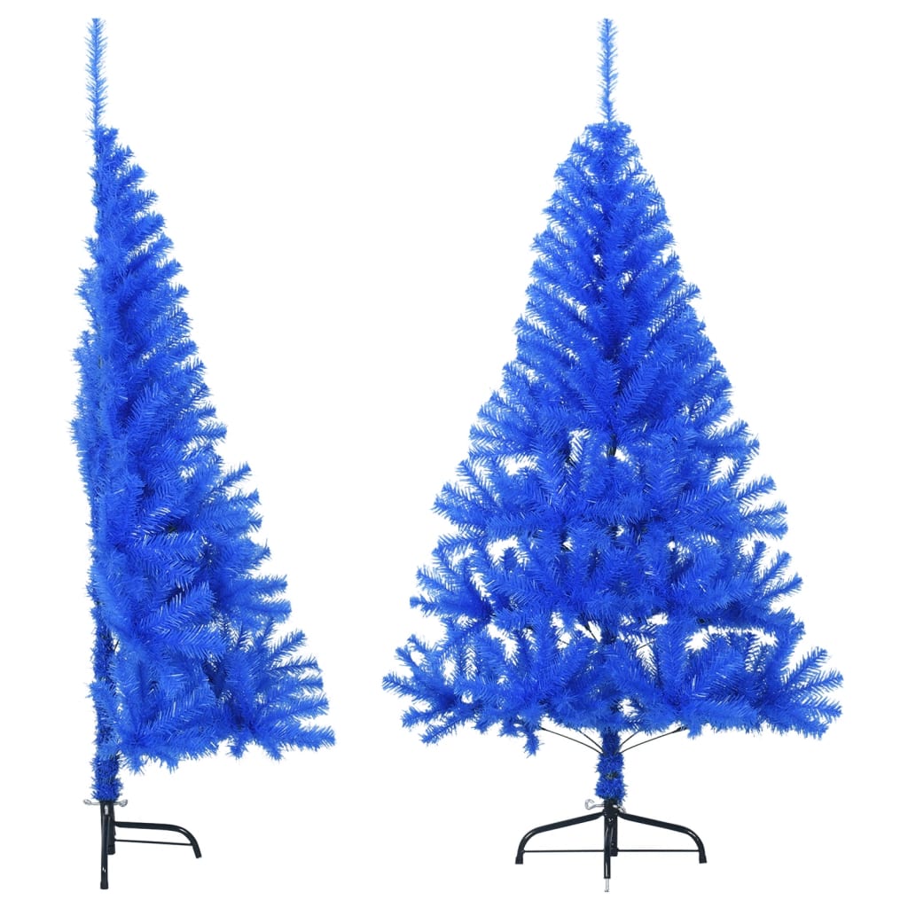 A 5 ft blue artificial half Christmas tree with PVC branches and steel stand.