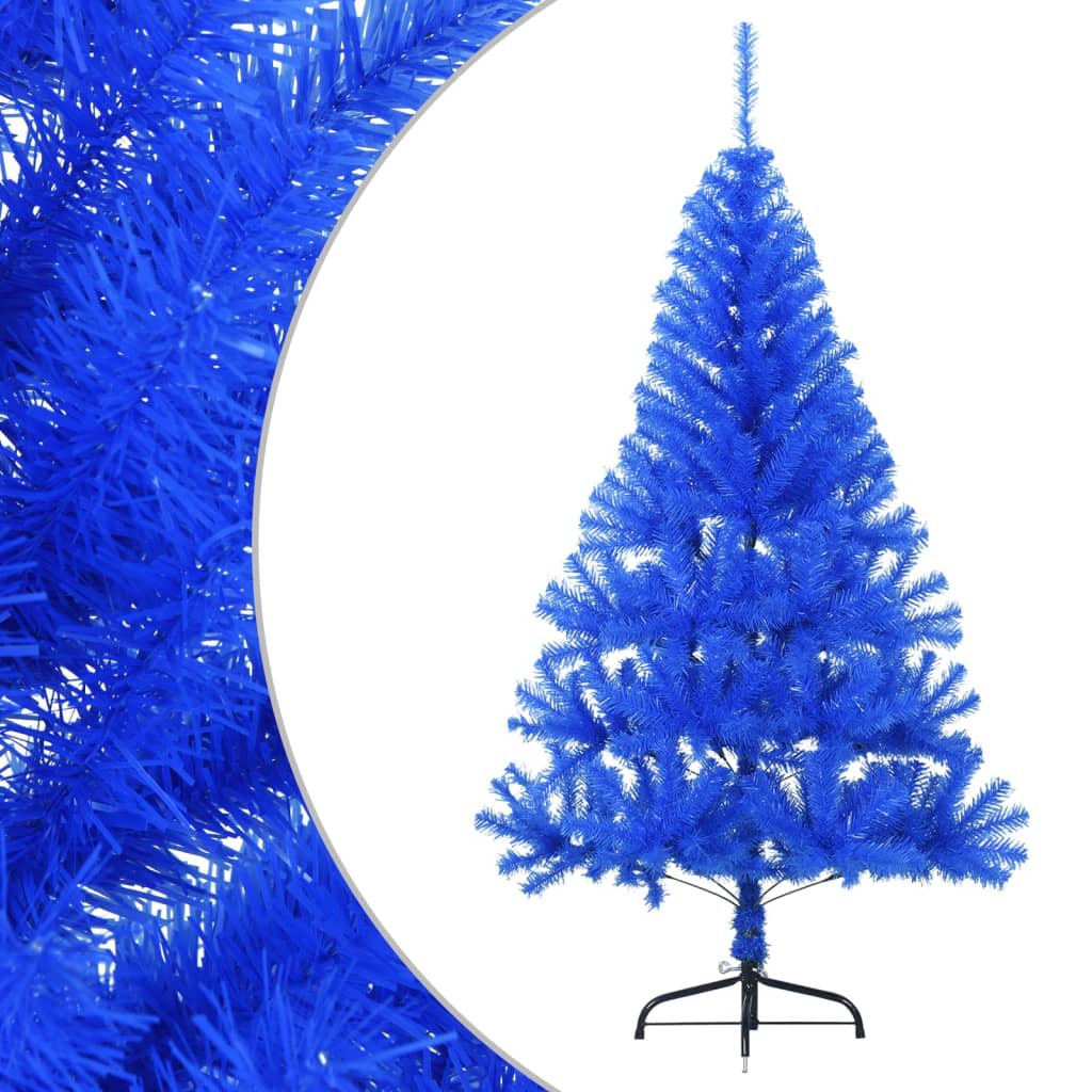 A 5 ft blue artificial half Christmas tree with PVC branches and steel stand.