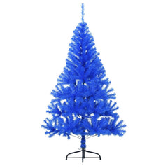 A 5 ft blue artificial half Christmas tree with PVC branches and steel stand.