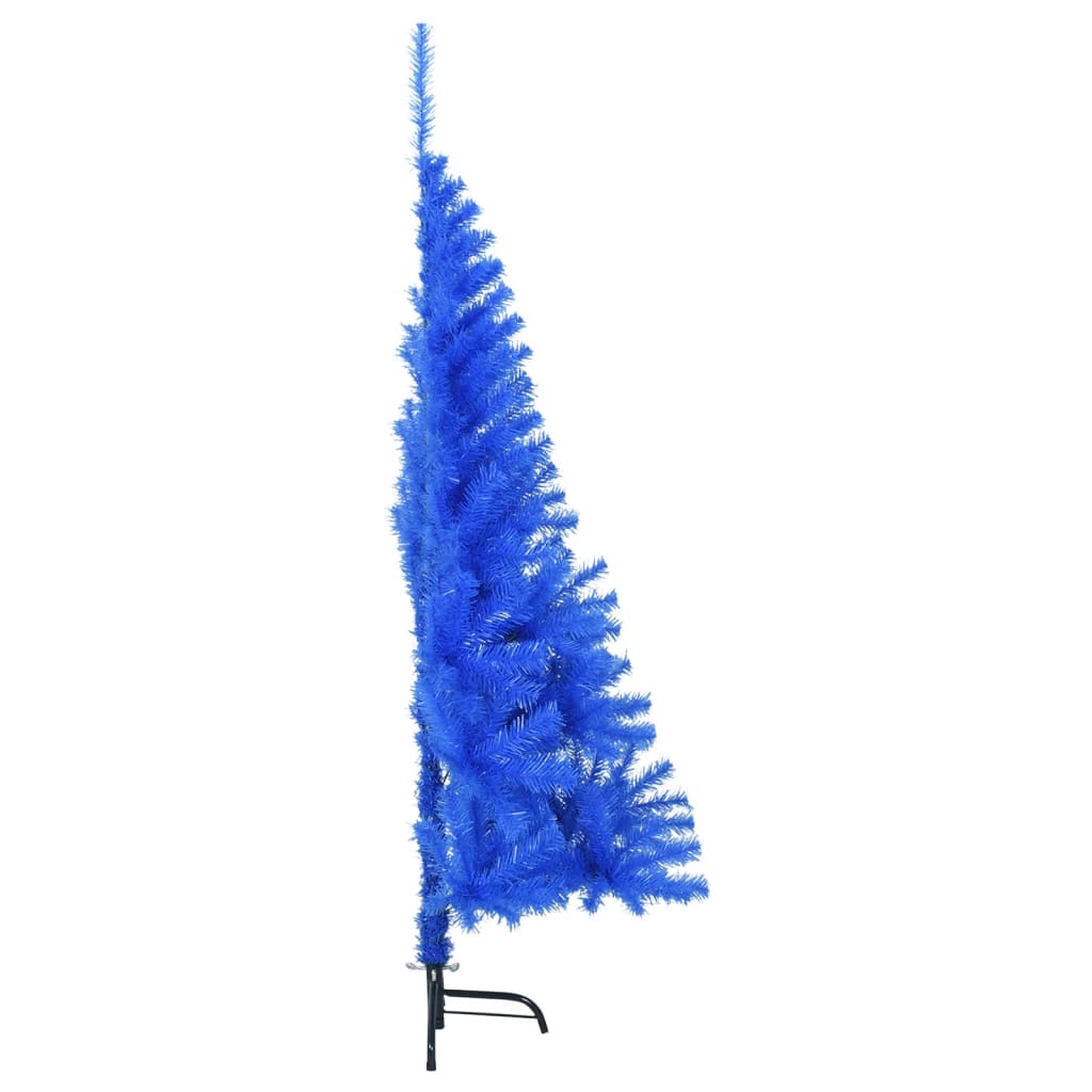 A 5 ft blue artificial half Christmas tree with PVC branches and steel stand.