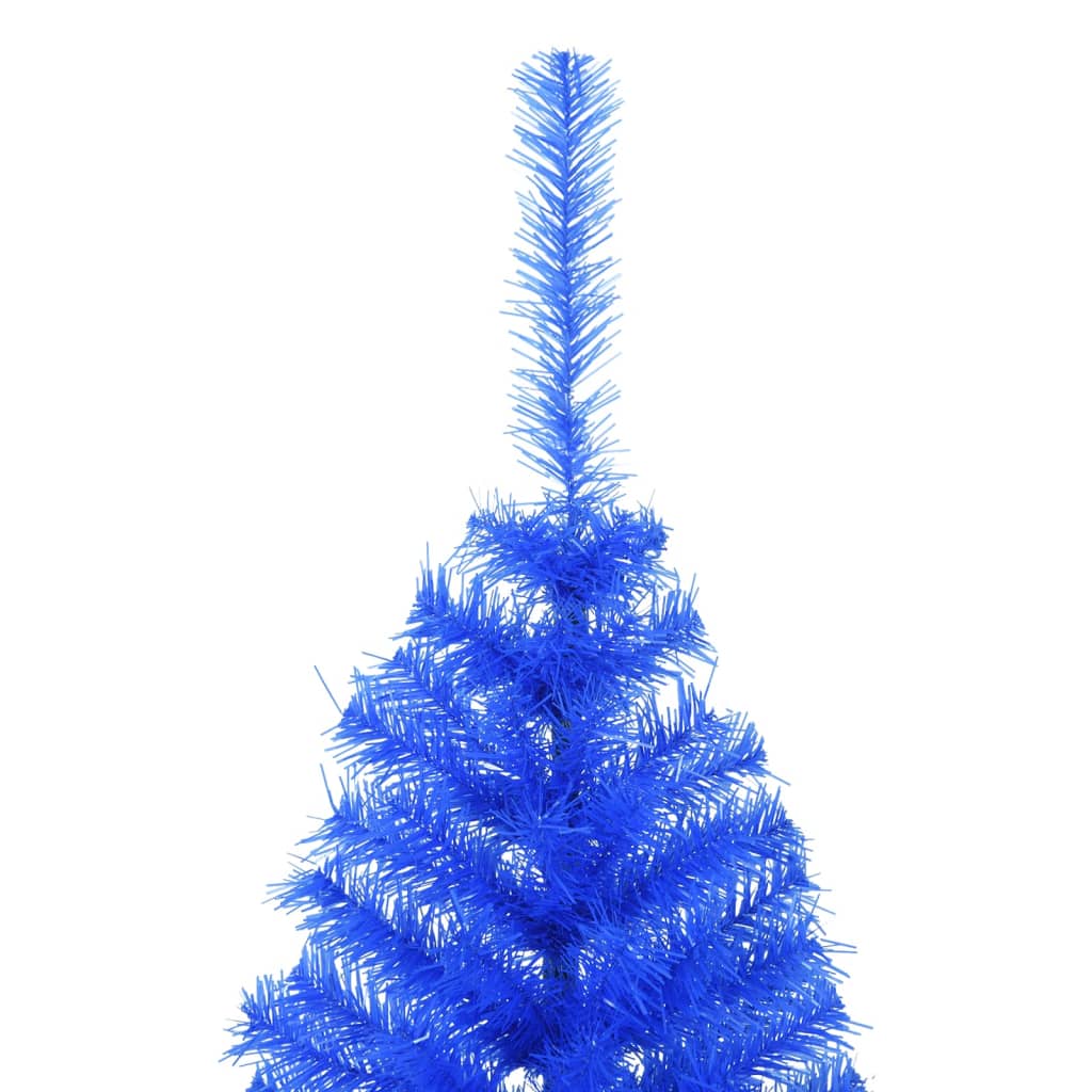 A 5 ft blue artificial half Christmas tree with PVC branches and steel stand.