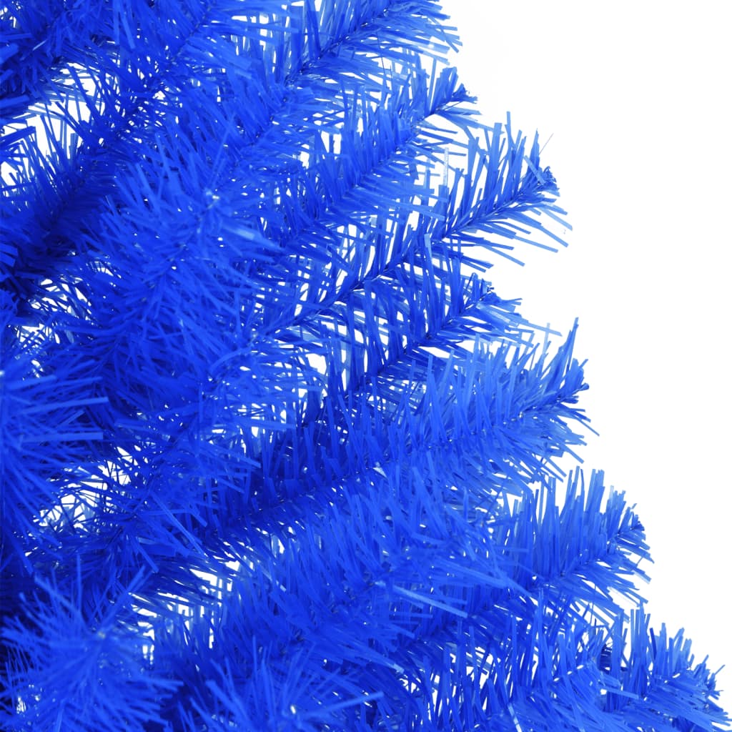 A 5 ft blue artificial half Christmas tree with lush PVC branches on a steel stand.
