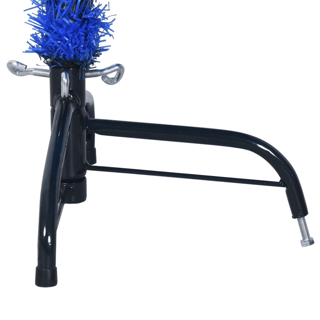 A 5 ft blue artificial half Christmas tree with PVC branches on a black stand.