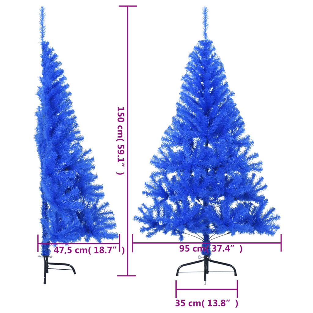 Side view of a 5 ft blue artificial half Christmas tree with PVC branches and steel stand, showing dimensions.