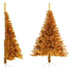 A 6 ft gold artificial half Christmas tree with a stand, shown in side and front views.