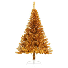 6 ft gold artificial half Christmas tree with stand on white background.