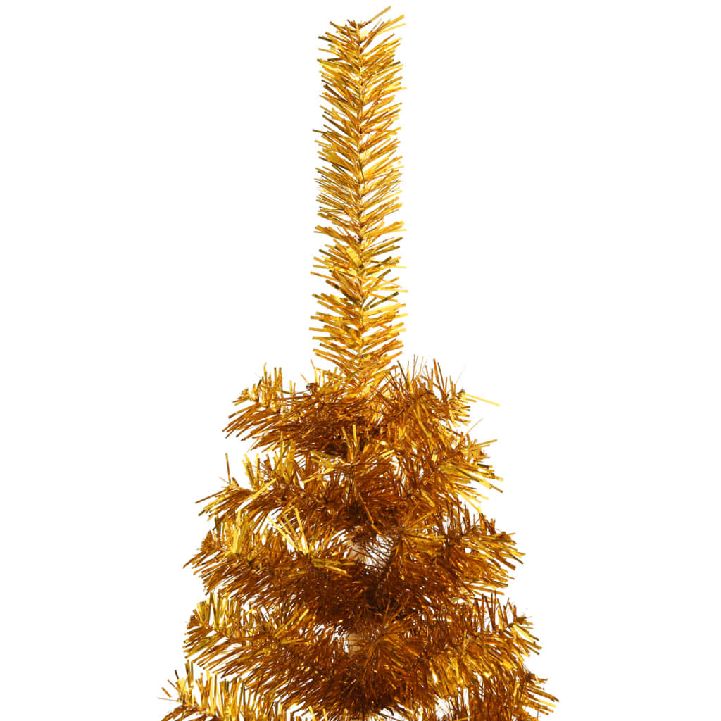 A 6 ft gold artificial half Christmas tree with stand, featuring lush metallic branches.