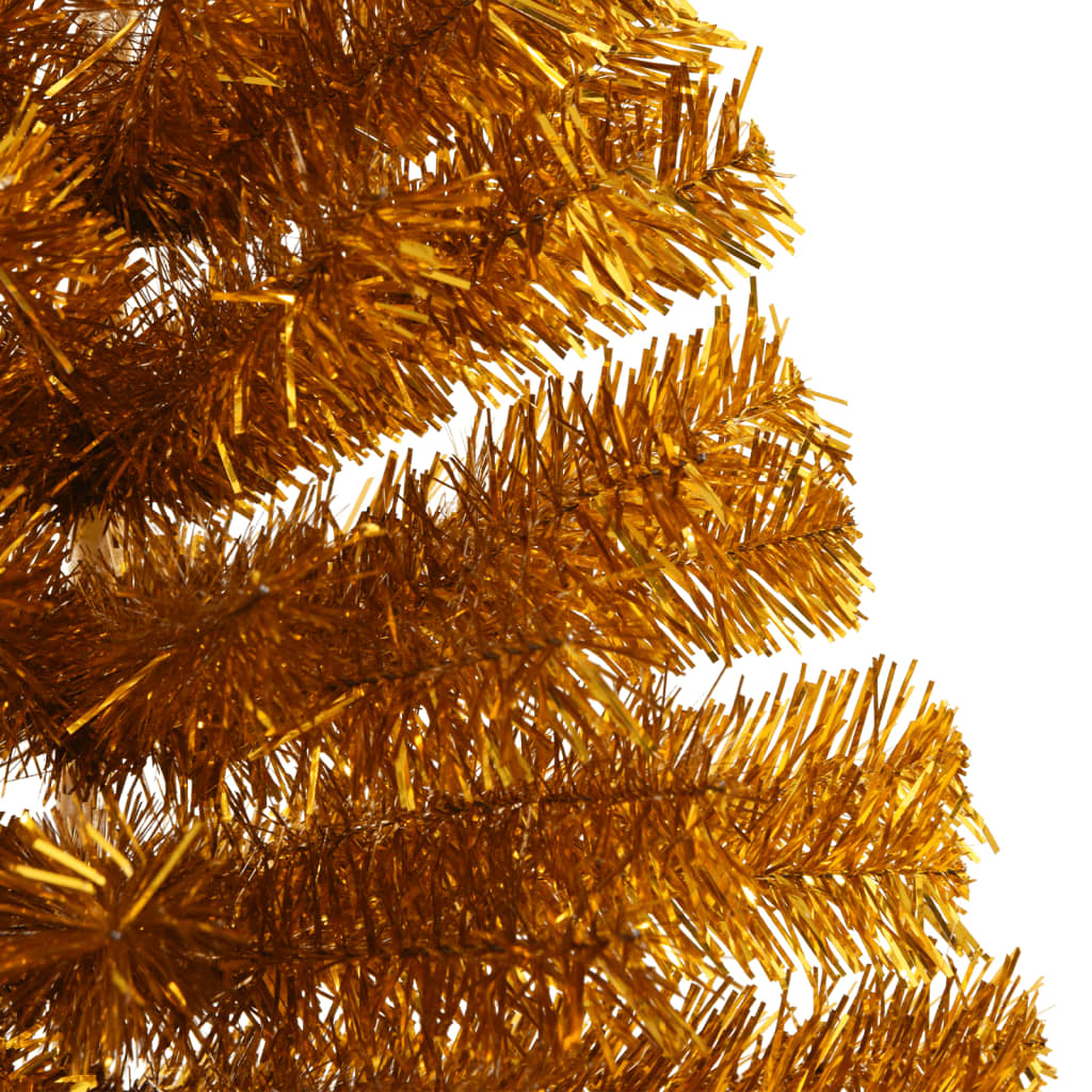 A 6 ft gold artificial half Christmas tree with stand, featuring shimmering branches.