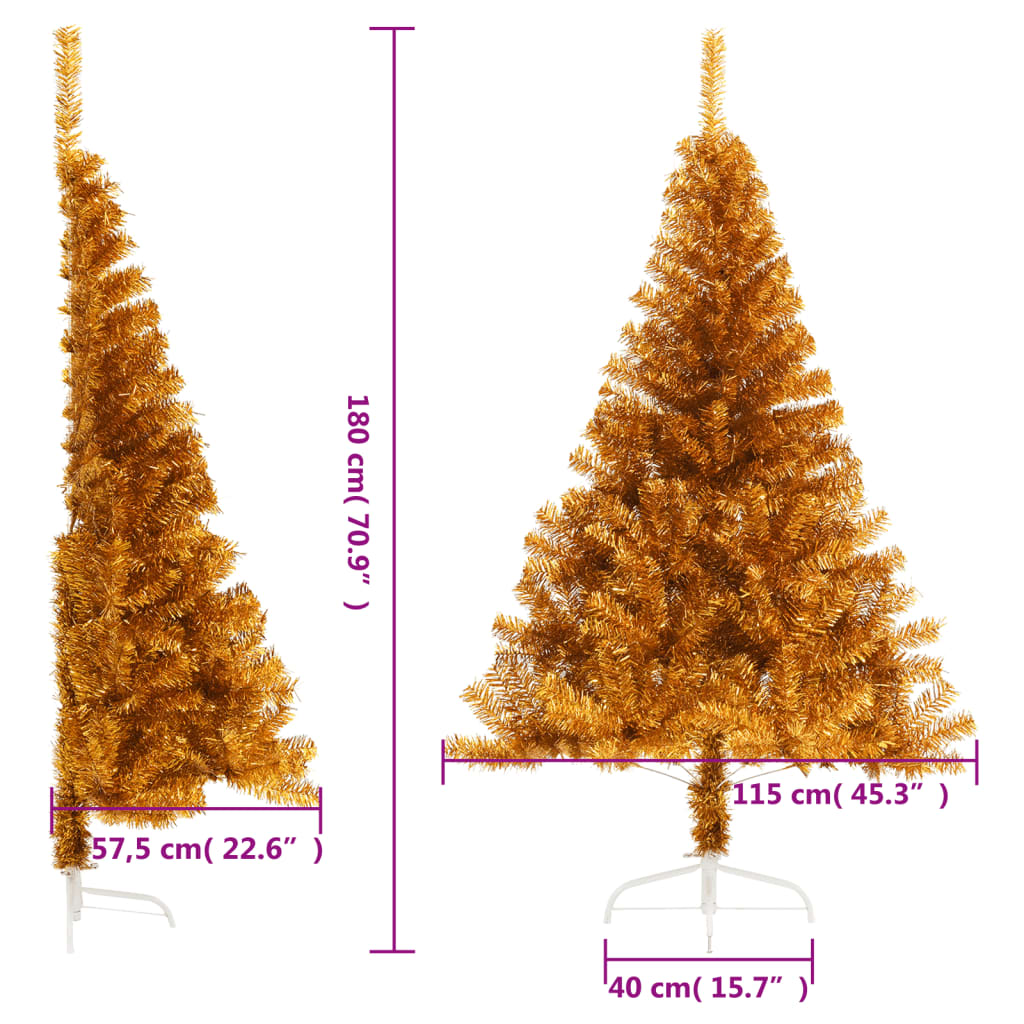 6 ft gold artificial half Christmas tree with stand, measuring 115 cm tall and 40 cm wide.