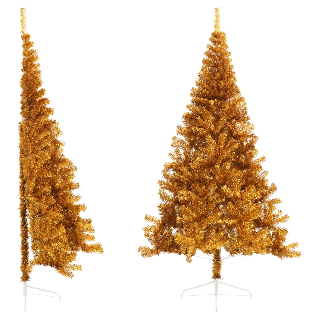 A 7ft gold artificial half Christmas tree with metal stand, shown from side and front views.