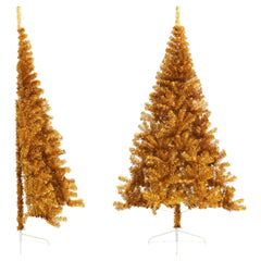 A 7ft gold artificial half Christmas tree with metal stand, shown from side and front views.