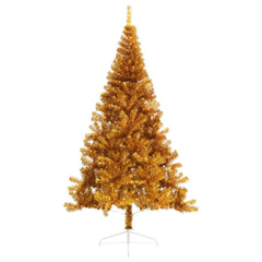 7ft gold artificial half Christmas tree with stand on white background.