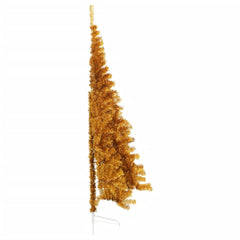 7ft gold artificial half Christmas tree with stand, side view.
