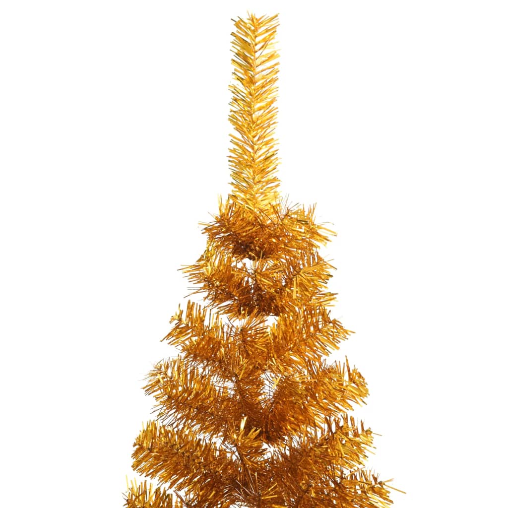 A 7ft gold artificial half Christmas tree with stand, featuring shimmering branches.