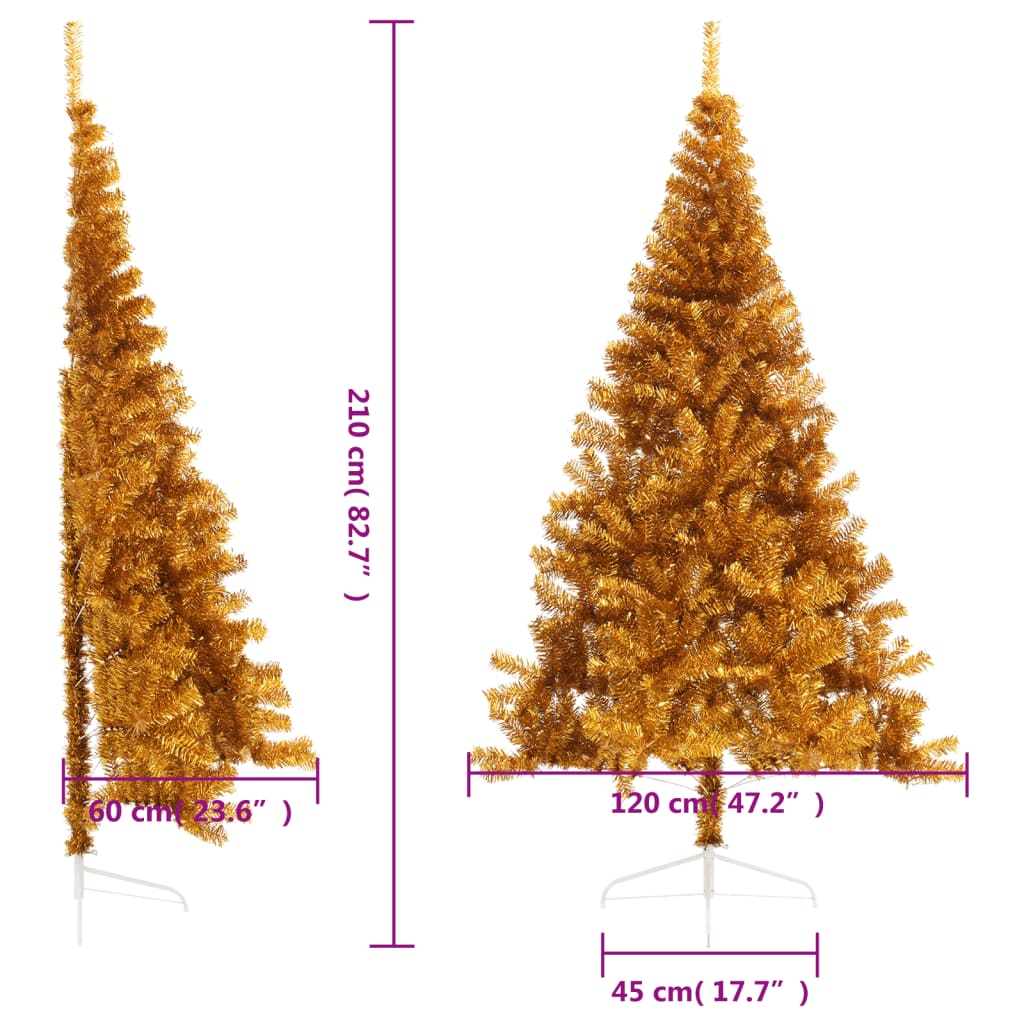 7ft gold artificial half Christmas tree with stand, shown in side and front views with dimensions.