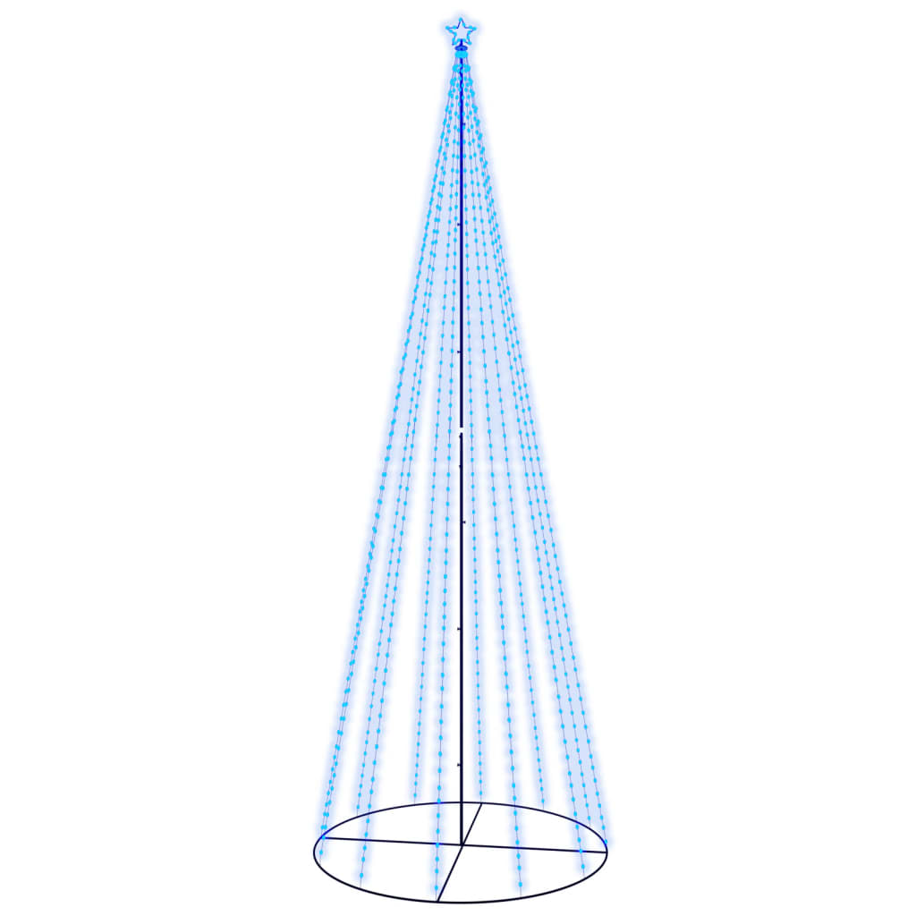 A 5x16 ft blue LED Christmas cone tree with 732 lights and a star topper.