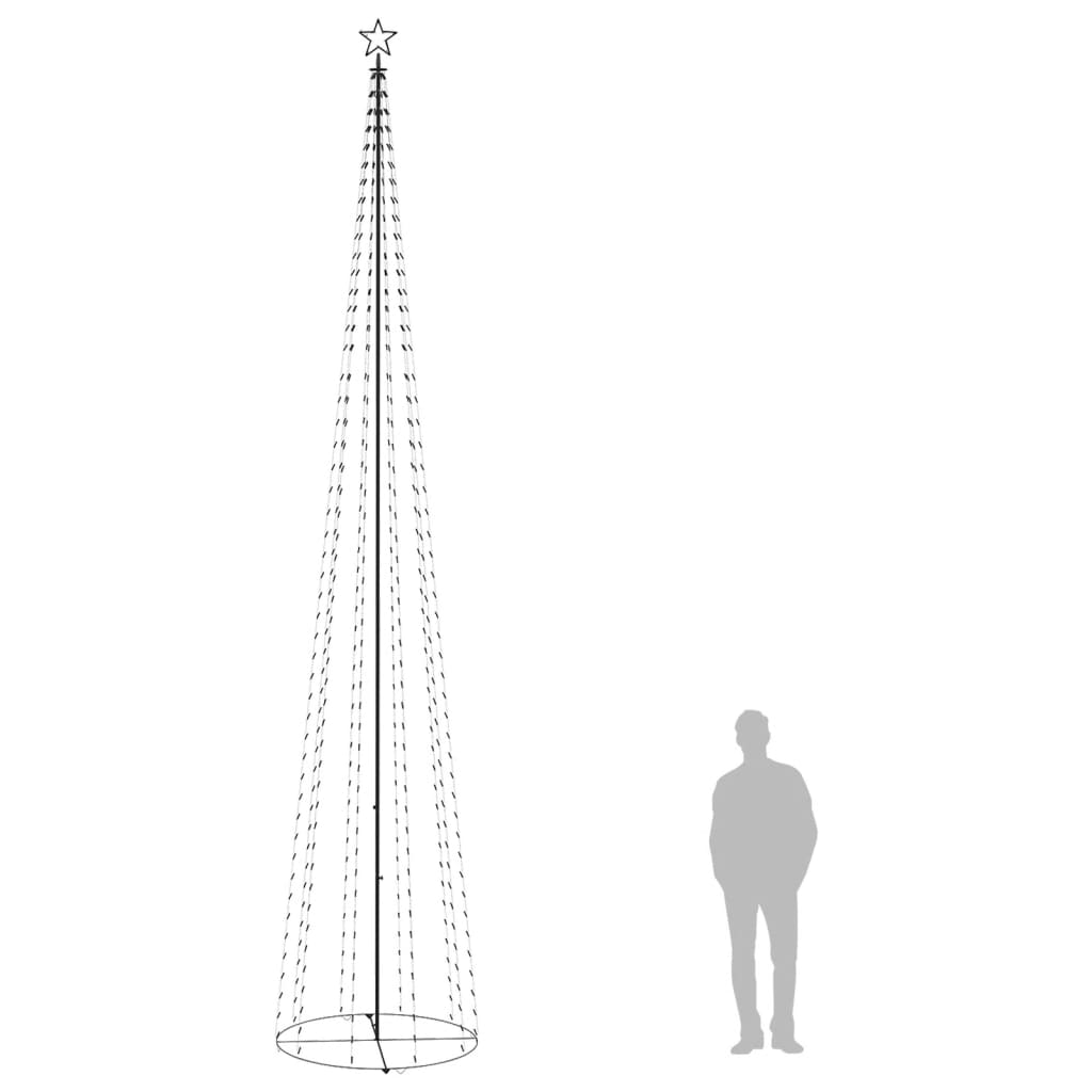 A 5x16 ft blue LED Christmas cone tree with 732 lights, shown next to a person for scale.