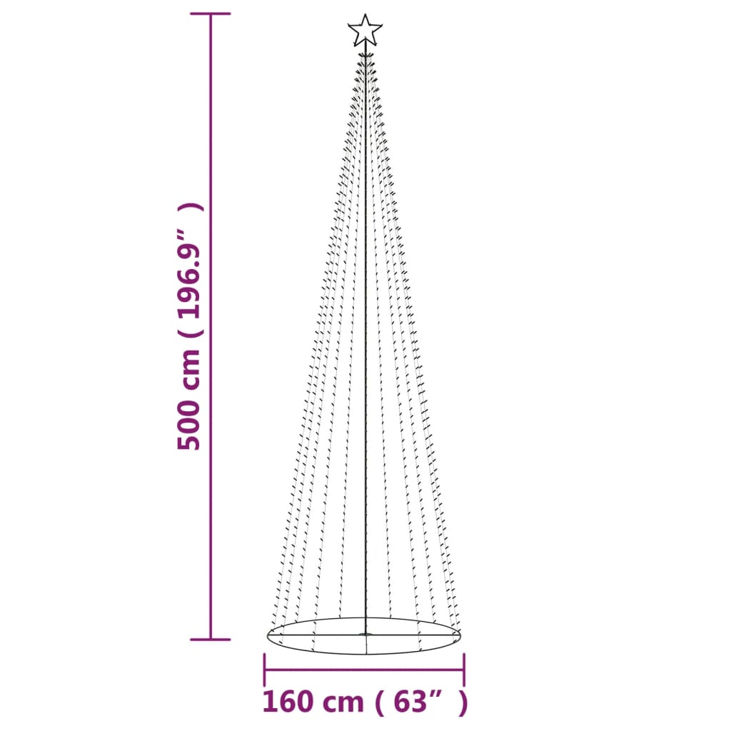 A blue LED Christmas cone tree with a star topper, measuring 500 cm (196.9") high and 160 cm (63") wide at the base.