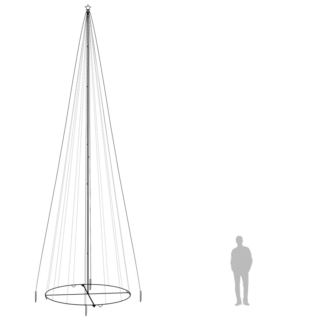 26ft tall conical Christmas tree with 1134 warm white LEDs on a steel frame and 8ft base, shown next to a person.