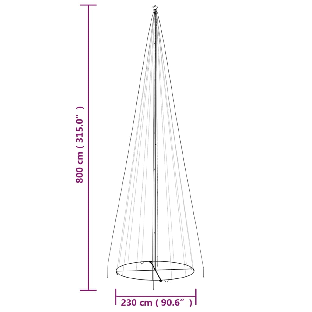 26ft tall Christmas cone tree with 1134 warm white LEDs and 8ft diameter base.
