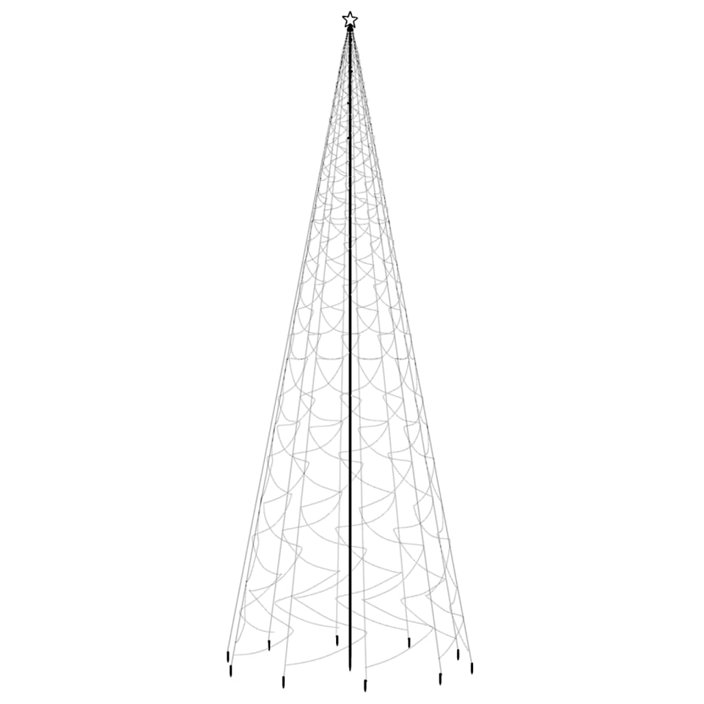 A 26 ft tall outdoor Christmas tree with a steel spike base and 3000 cold white LEDs.