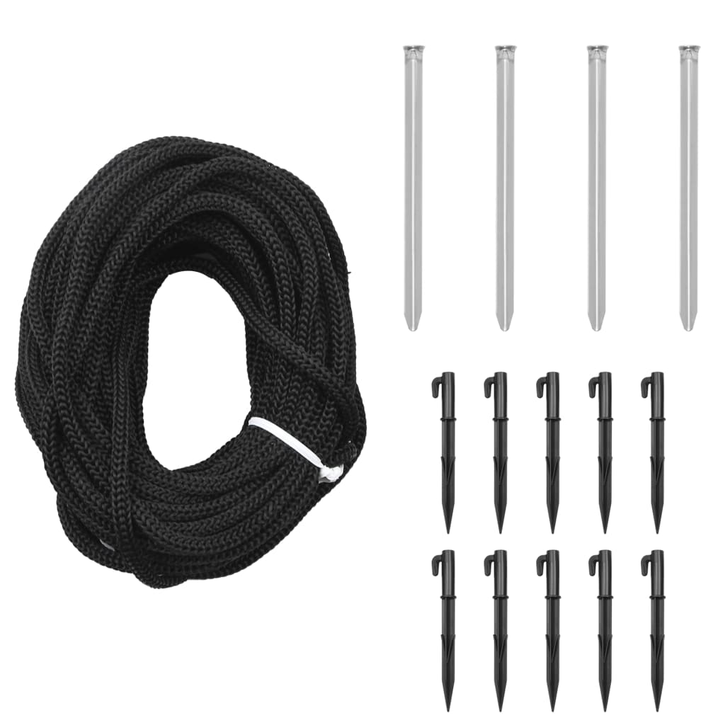 A coiled black rope, four silver stakes, and ten black plastic ground stakes.