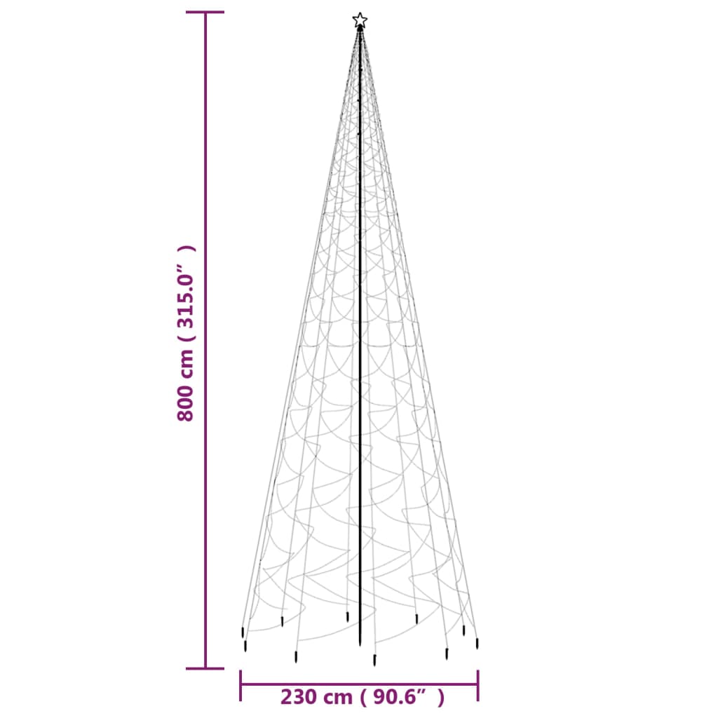 26 ft tall artificial Christmas tree with 3000 cold white LEDs and ground spike, measuring 800 cm high and 230 cm wide.