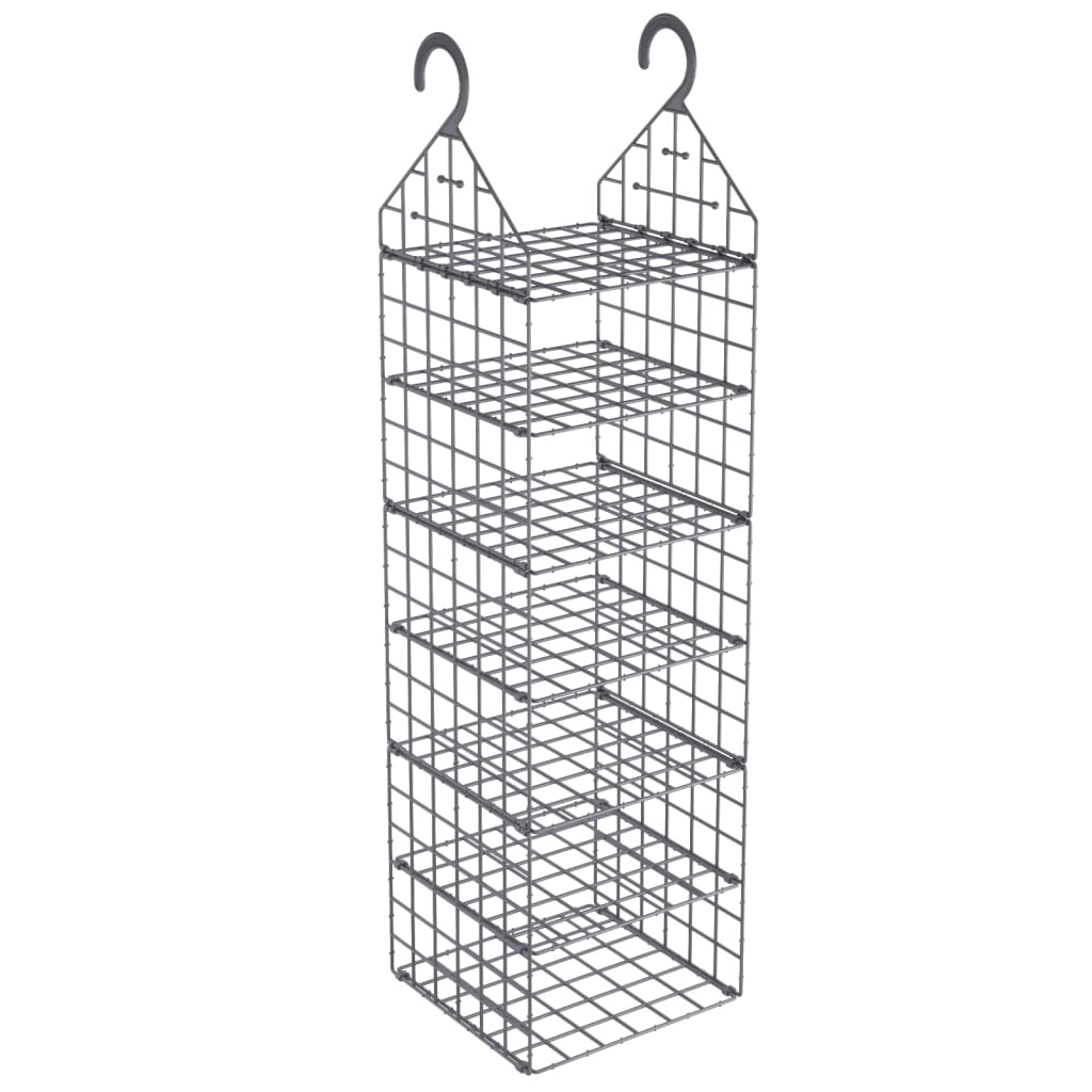 Gray hanging closet organizer with seven mesh shelves and hooks.