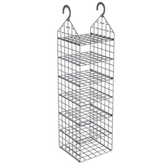 Gray hanging closet organizer with seven mesh shelves and hooks.