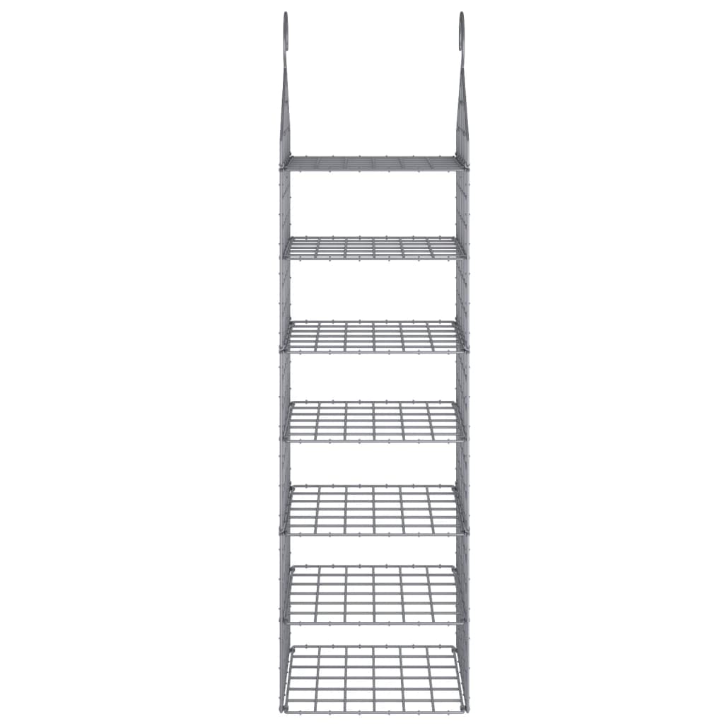 Gray hanging closet organizer with 7 open shelves made of PP material.