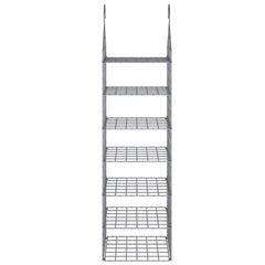 Gray hanging closet organizer with 7 open shelves made of PP material.
