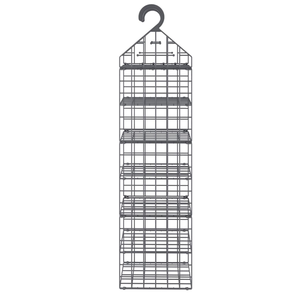 Gray hanging closet organizer with 7 open shelves made of PP plastic.