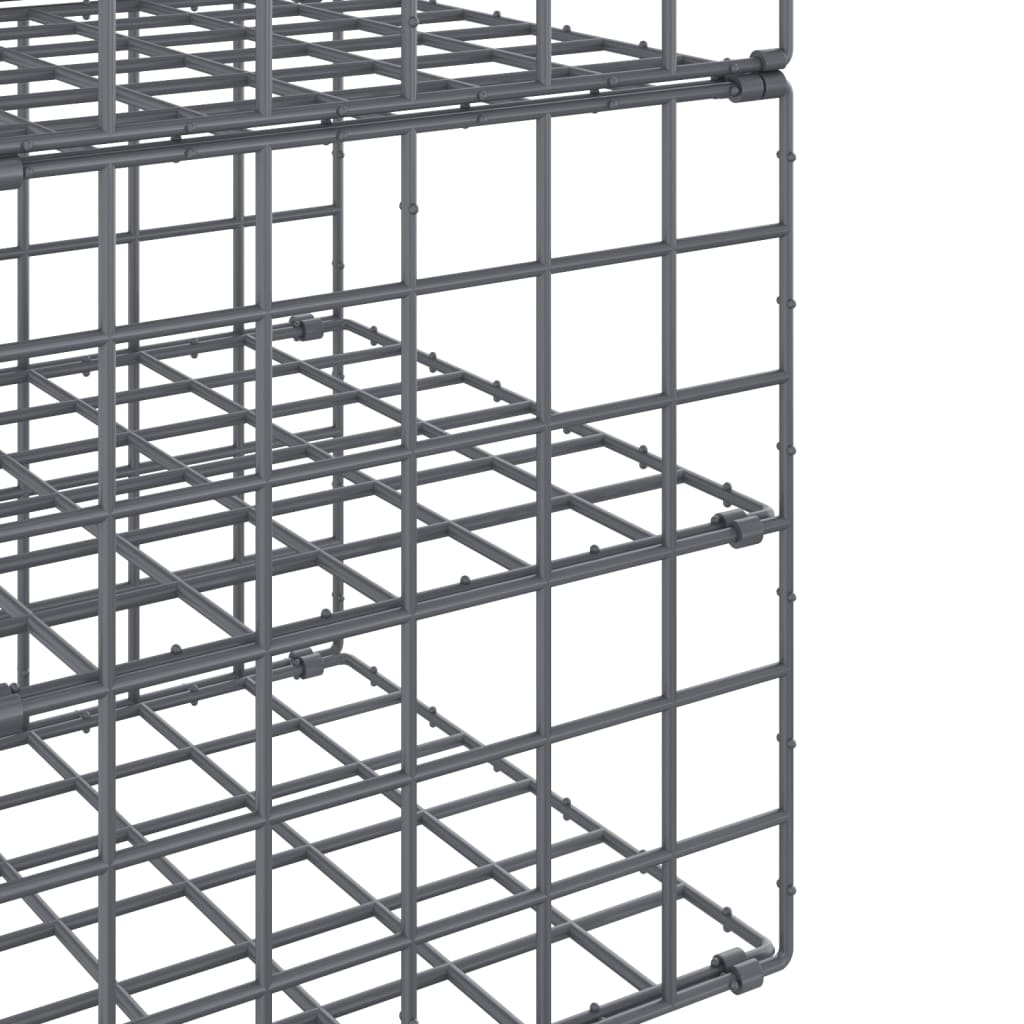 Gray hanging closet organizer with 7 wire shelves, shown from multiple angles.