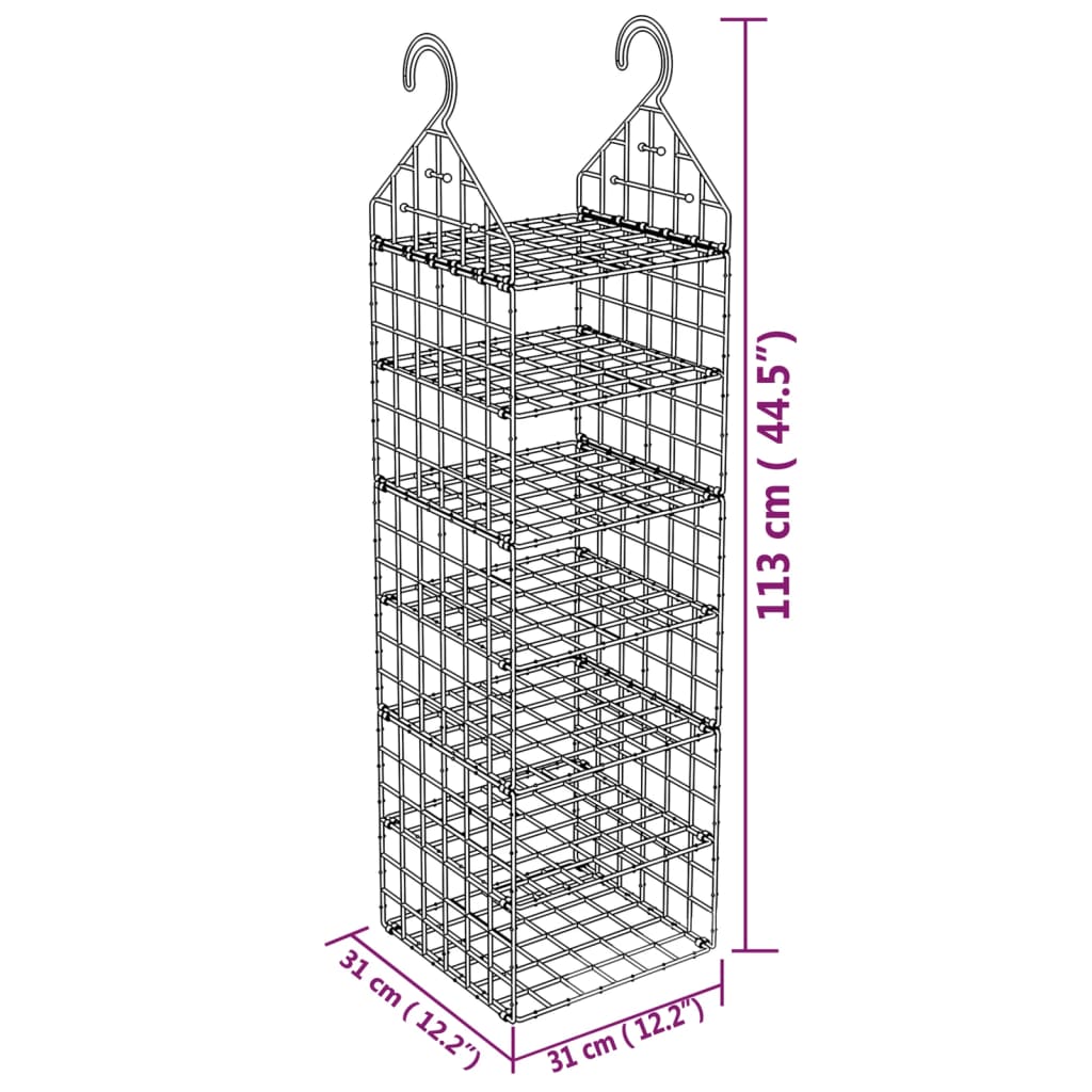 Two gray, seven-shelf hanging closet organizers, each measuring 113 cm (44.5") high and 31 cm (12.2") wide.