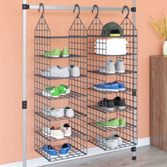 Gray hanging closet organizer with 7 mesh shelves for clothes and shoes, shown in a 2-pack.