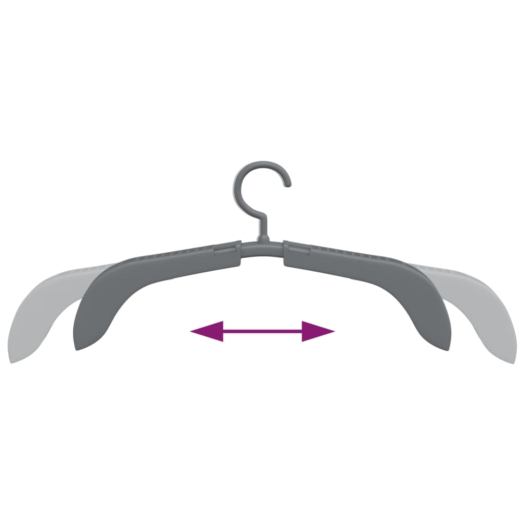 Gray extendable clothes hanger showing adjustable width from 14.8 to 20.3 inches.