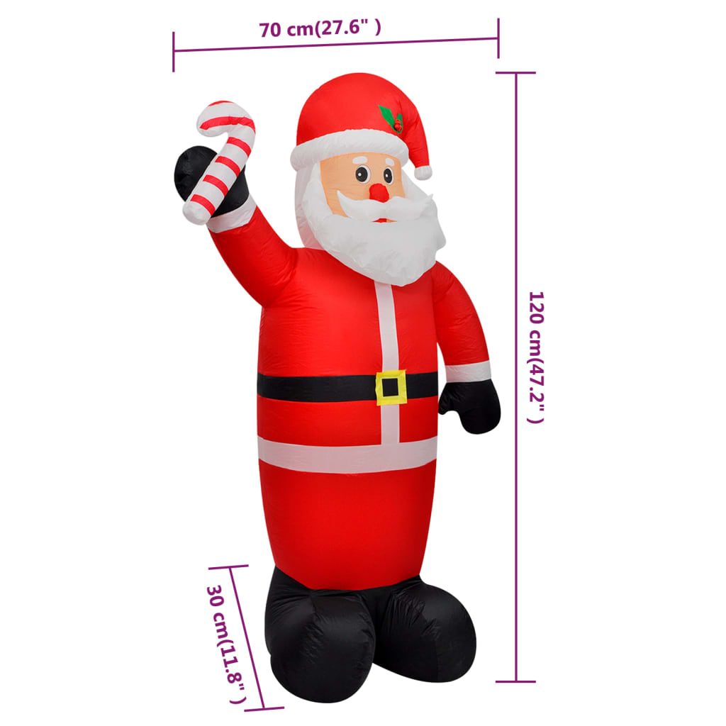 4ft inflatable LED Santa Claus holding a candy cane, with multicolor lights and size dimensions shown.