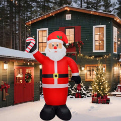 8ft inflatable Santa Claus with LED lights, holding a candy cane, in snowy yard.