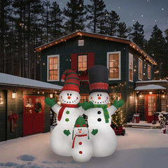 8ft inflatable snowman family with LED lights in snowy yard.