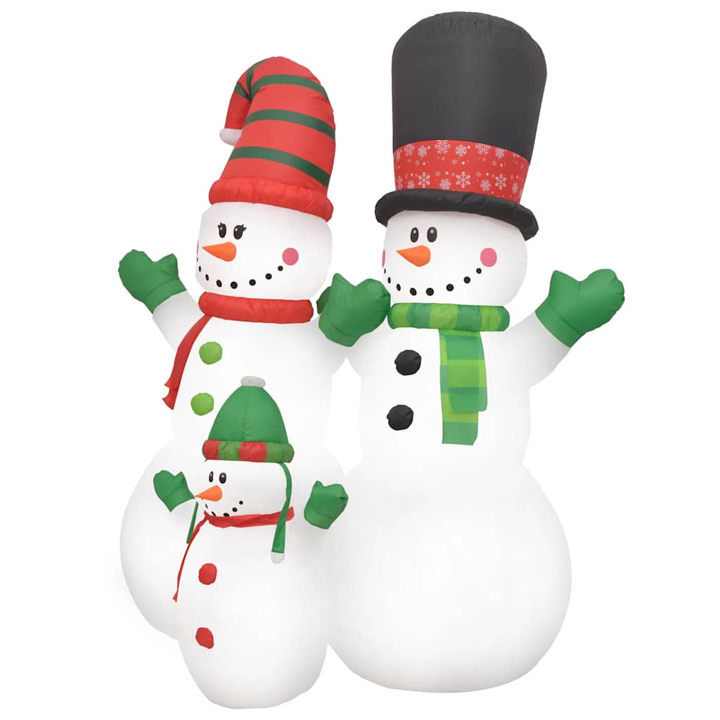 8ft inflatable snowman family with LED lights, featuring three smiling snowpeople in hats and scarves.