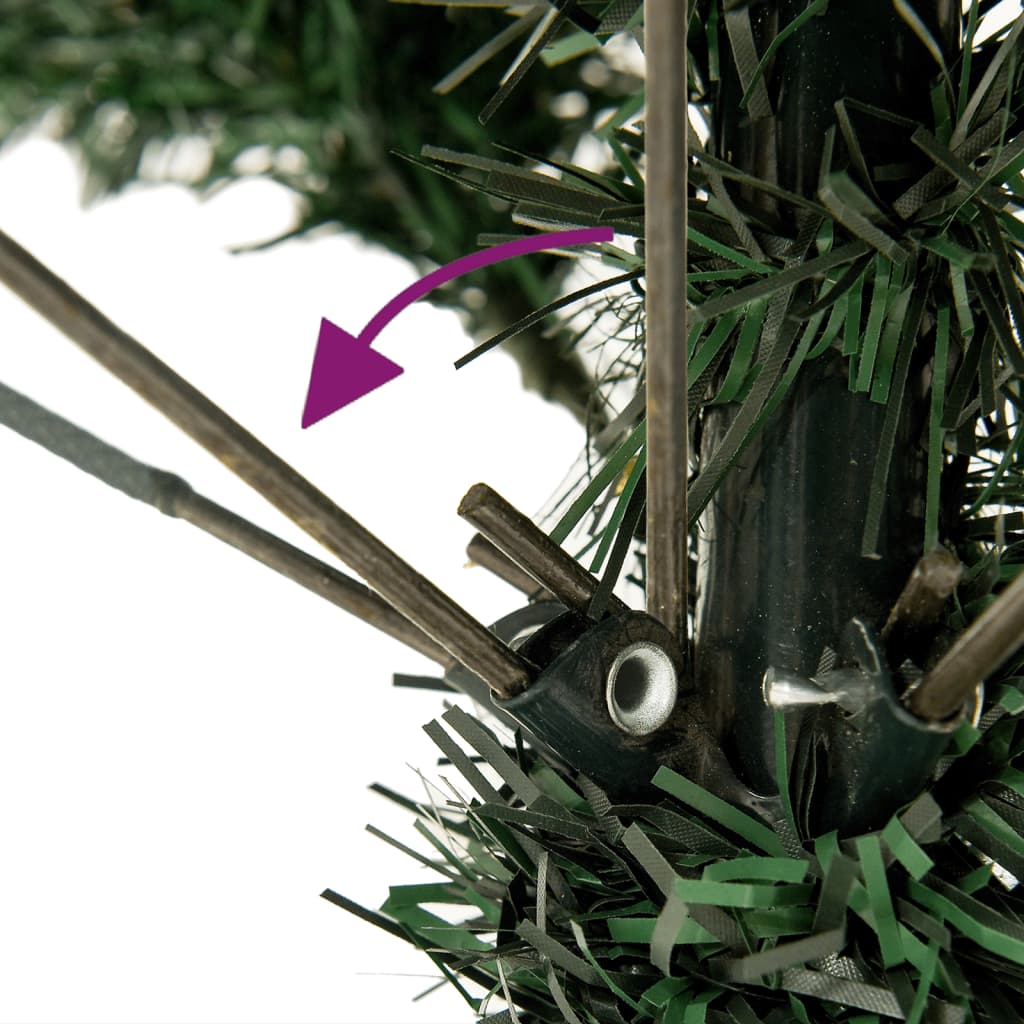 Close-up of Bostome 59.1" snow-flocked PVC artificial Christmas tree base with purple arrow indicating stand assembly.