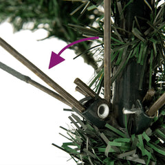 Close-up of Bostome 59.1" snow-flocked PVC artificial Christmas tree base with purple arrow indicating stand assembly.