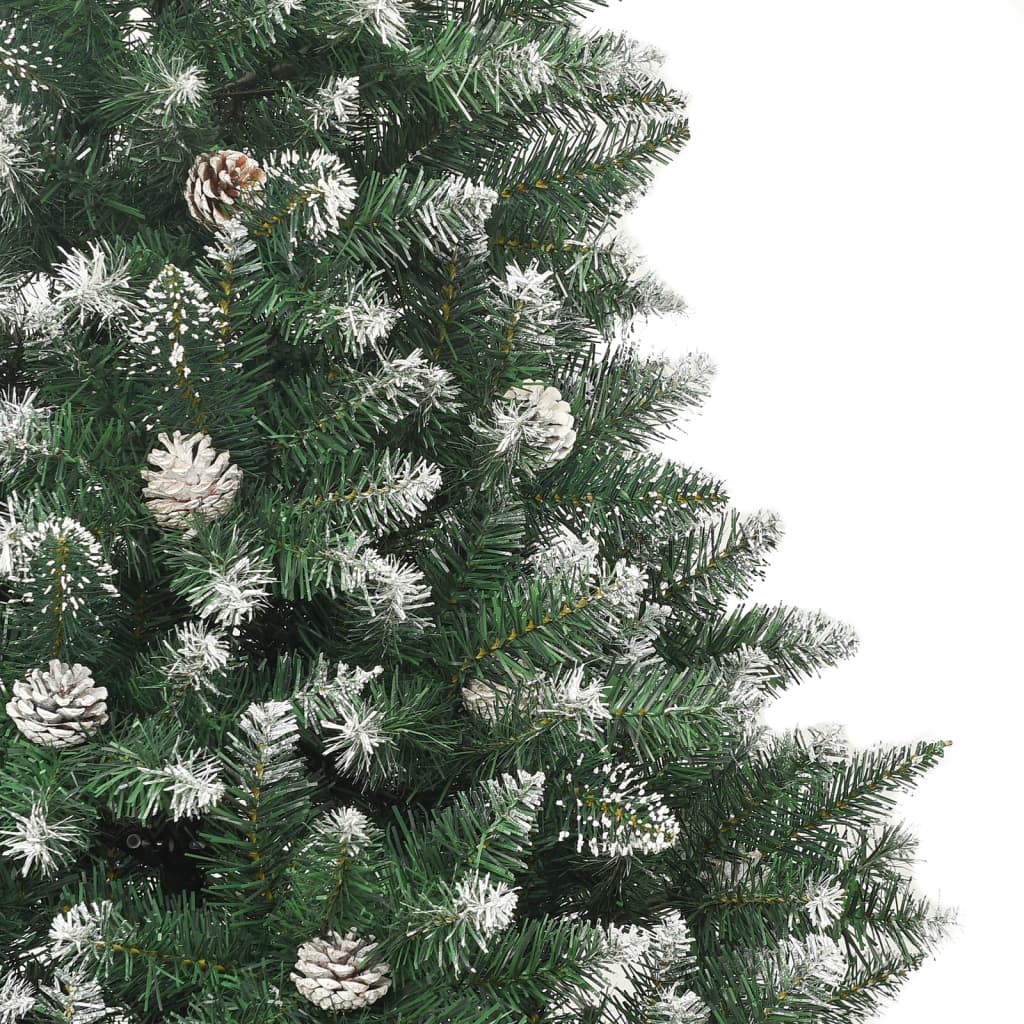 59.1-inch snow-flocked PVC artificial Christmas tree with stand, featuring pine cones and white-tipped branches.